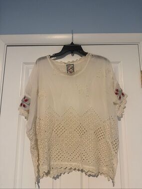 Johnny Was Boho Lace Embroidered Cream Women's Top